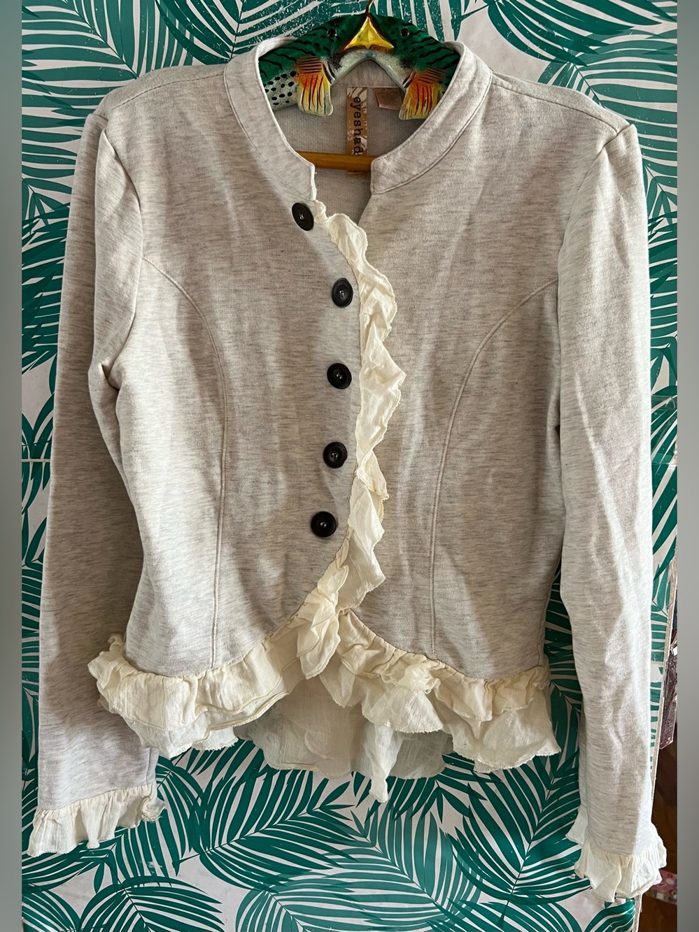 Eyeshadow Light Heather Gray Jacket w/ Cream Ruffle Trim Sz XL Knit Cardigan